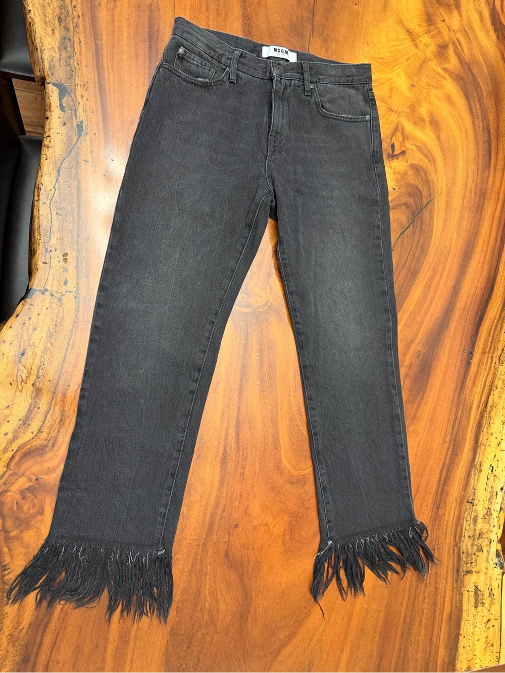 MSGM Black Straight Jeans with Fringed Hem